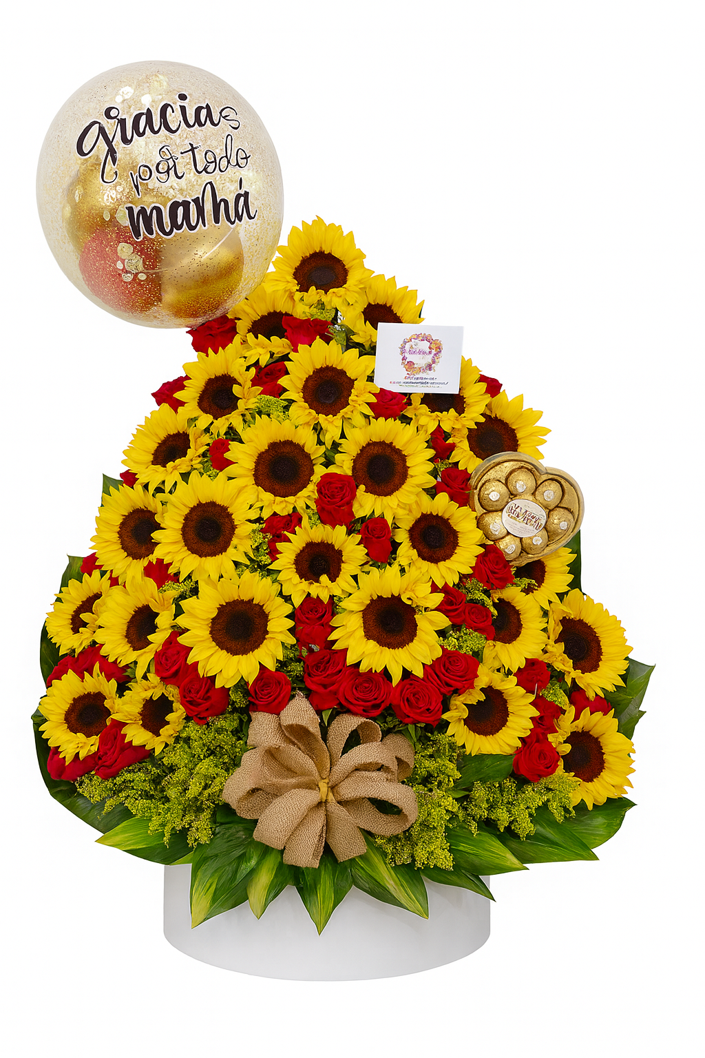 Arreglo de Girasoles y Rosas con Globo “Gracias Mamá” + Chocolates 🍫🌻❤️
