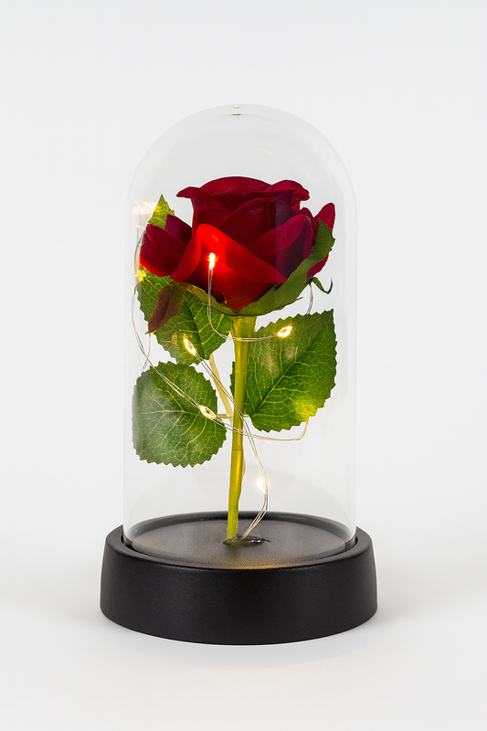 Rosa Eterna en Campana de Cristal con Luces LED – Inspirada en La Bella y la Bestia