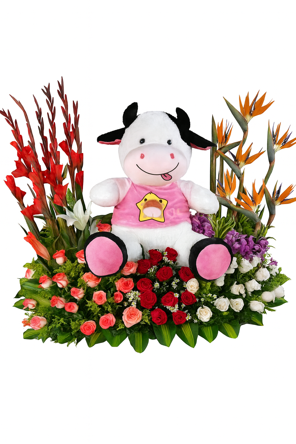 Arreglo Floral Mixto con Peluche Vaca – Ternura y Color para Sorprender 💐🐮