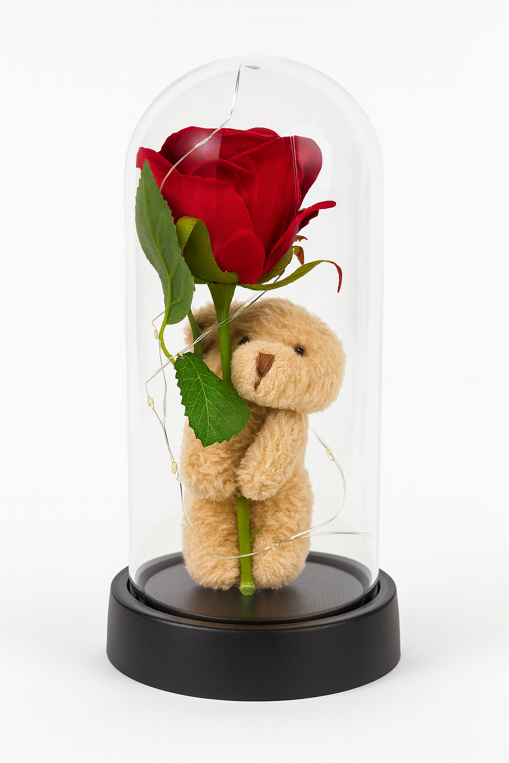 Rosa Eterna con Osito en Campana de Cristal + Luces LED