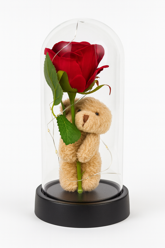 Rosa Eterna con Osito en Campana de Cristal + Luces LED