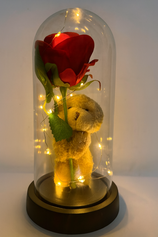 Rosa Eterna con Osito en Campana de Cristal + Luces LED