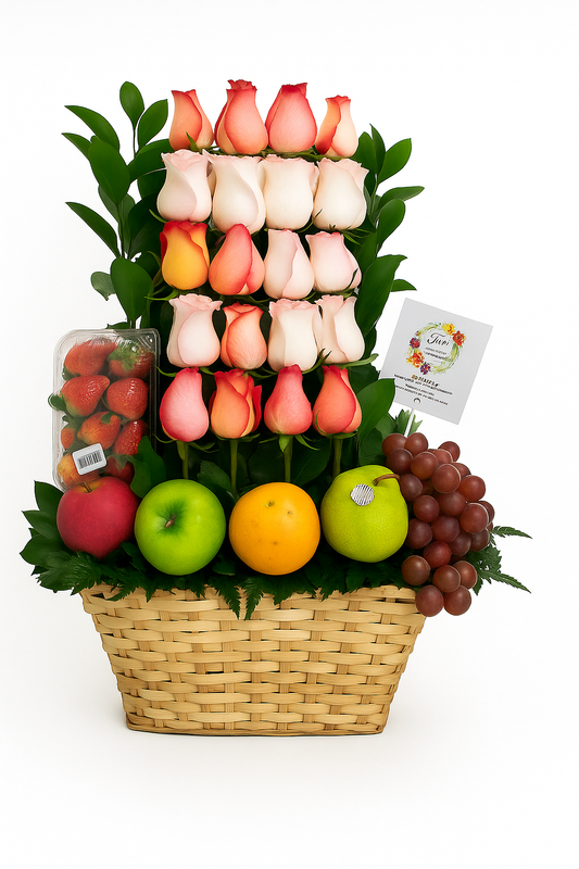 Canasta de Frutas con 24 Rosas Bicolor – Regalo Saludable y Elegante