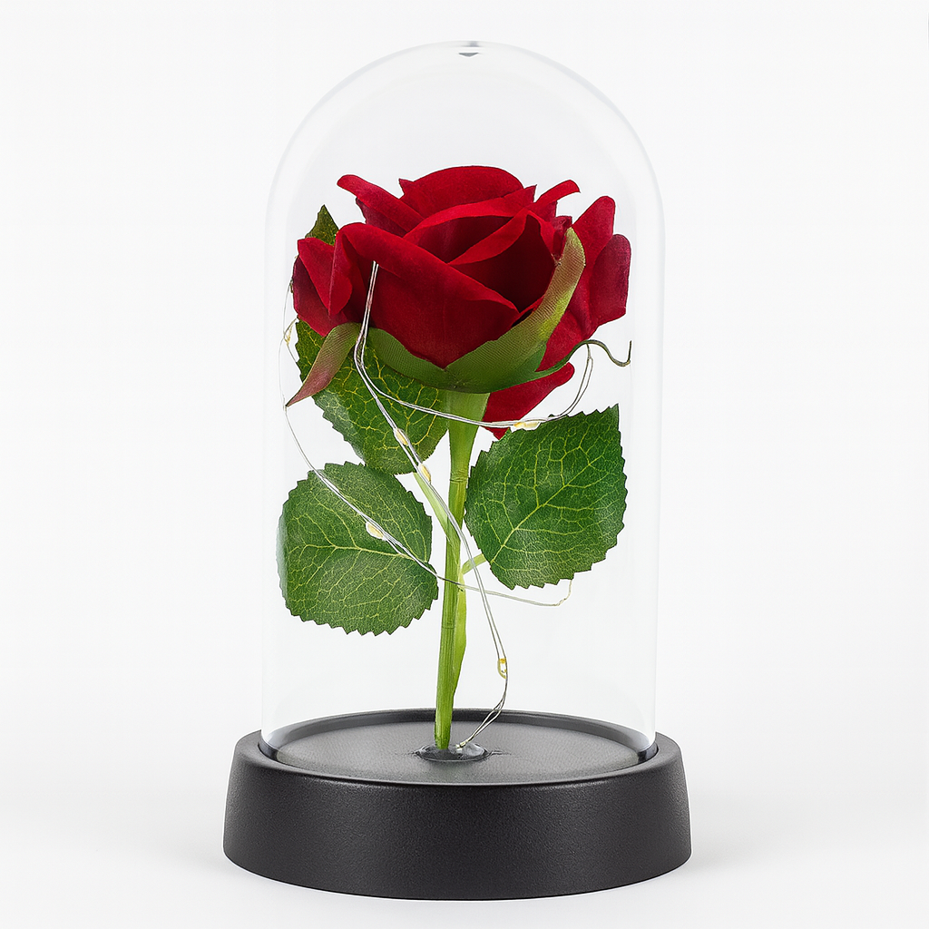 Rosa Eterna en Campana de Cristal con Luces LED – Inspirada en La Bella y la Bestia